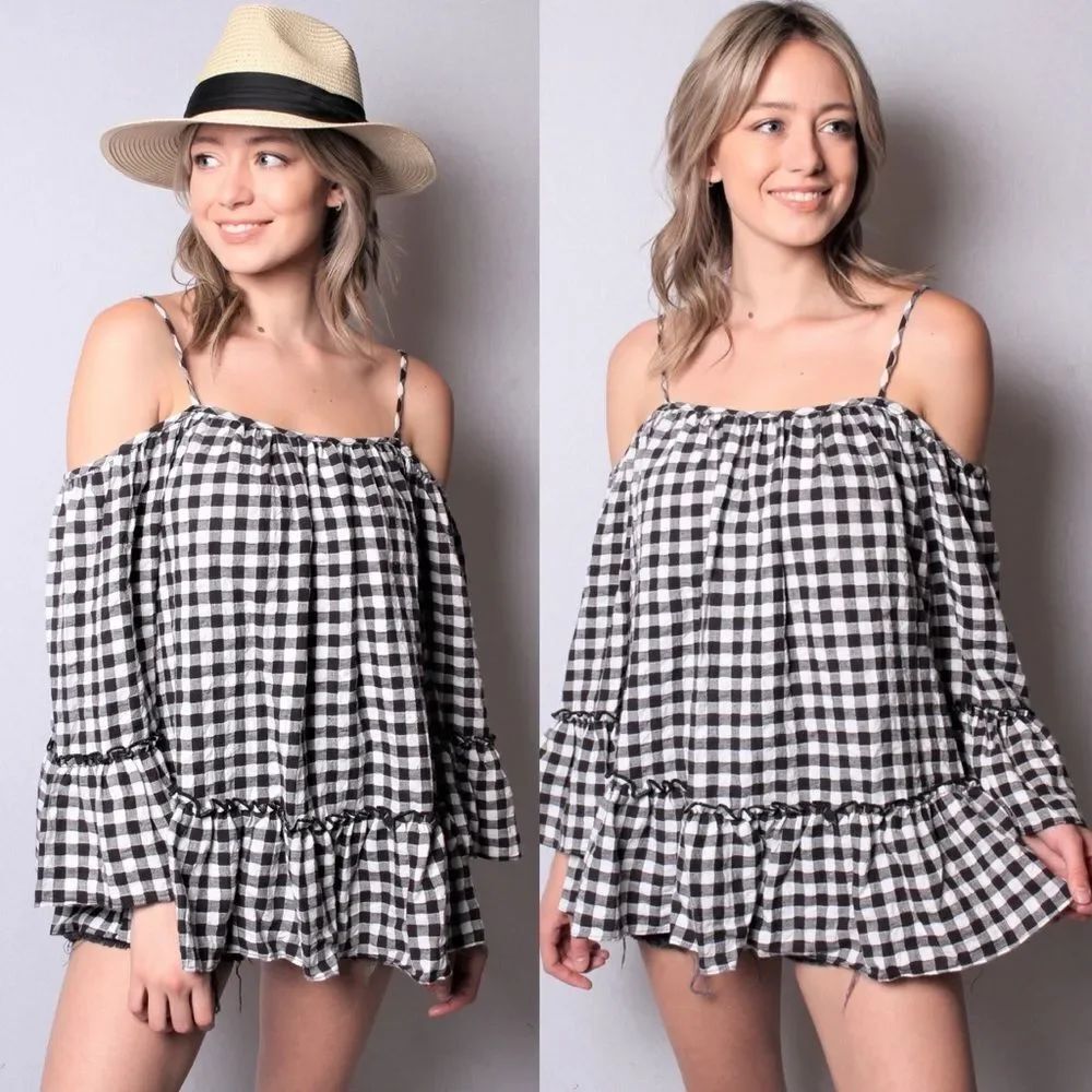 NEW CAUTION TO THE WIND Cold Shoulder Flowy Black Plaid Ruffle Top